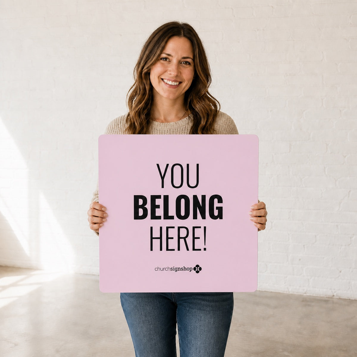 You Belong Here! handheld church welcome sign — 22 inch foam board held by a greeter